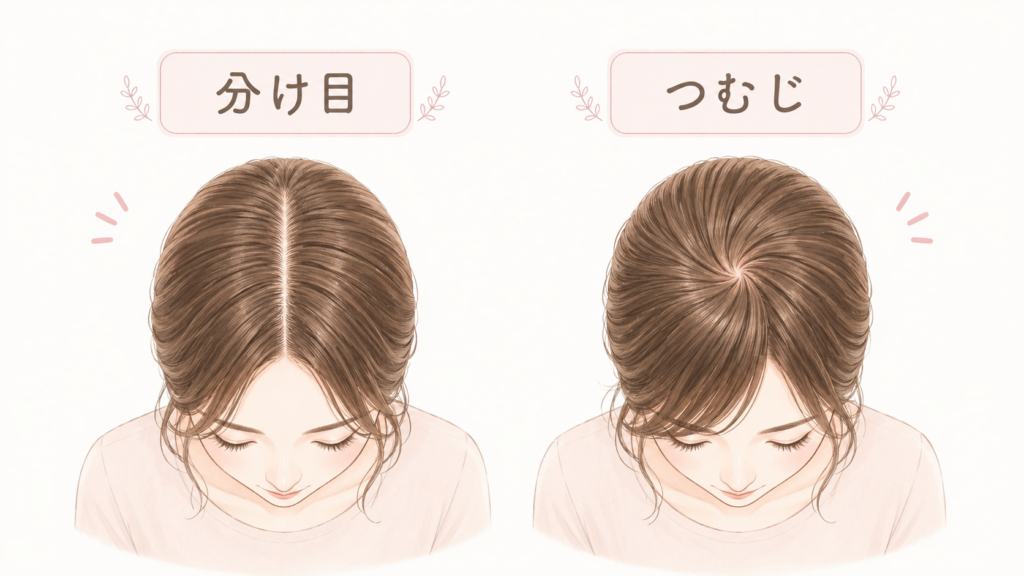 つむじと分け目の違いを比較した図解